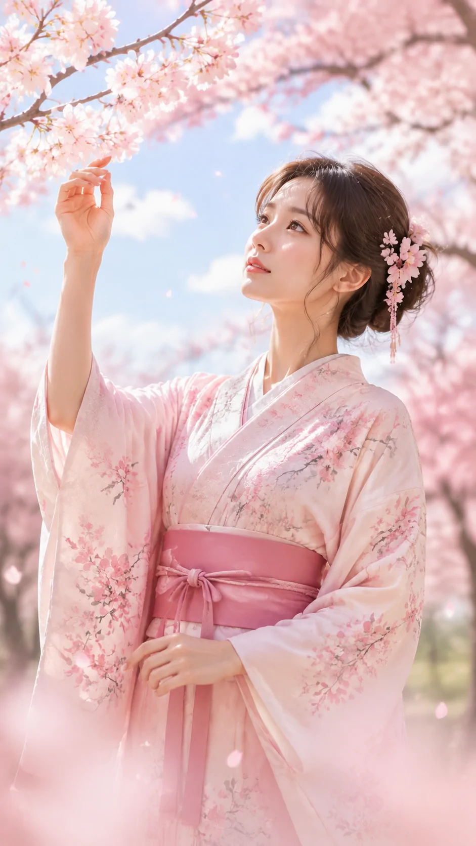 A woman in a pink kimono beneath cherry blossoms